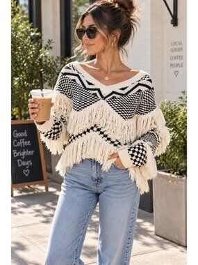 Geometric Retro Fringe Wide Boat V-Neck Knit Sweater Long Sleeve Pullover Top